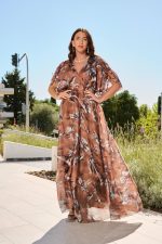 Φόρεμα maxi floral print κρουαζέ και μανίκια με σούρες καφέ
