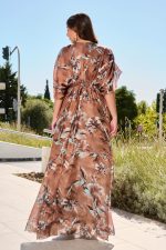 Φόρεμα maxi floral print κρουαζέ και μανίκια με σούρες καφέ