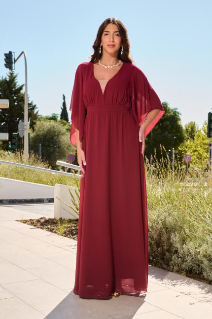 Φόρεμα maxi με βαθύ V ντεκολτέ και διαφάνεια μπορντό