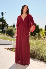Φόρεμα maxi με βαθύ V ντεκολτέ και διαφάνεια μπορντό