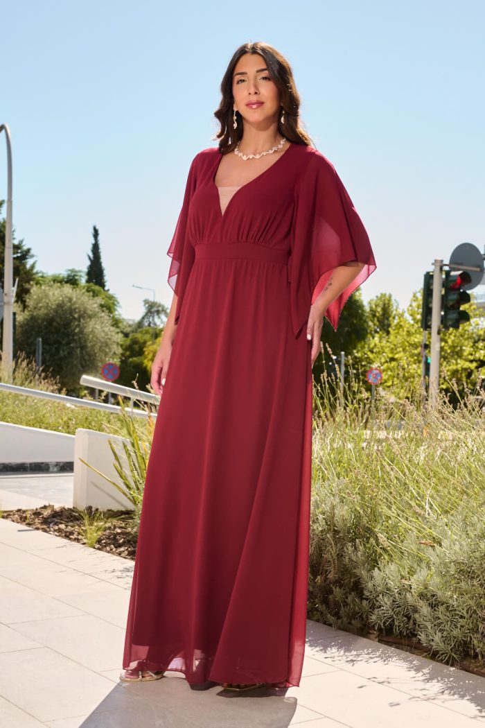 Φόρεμα maxi με βαθύ V ντεκολτέ και διαφάνεια μπορντό
