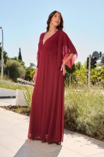 Φόρεμα maxi με βαθύ V ντεκολτέ και διαφάνεια μπορντό
