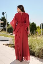 Φόρεμα maxi κρουαζέ με ζώνη μπορντό