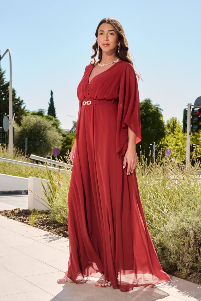 Φόρεμα maxi κρουαζέ με ζώνη μπορντό