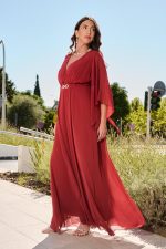 Φόρεμα maxi κρουαζέ με ζώνη μπορντό