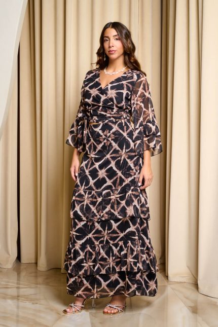 Σετ φούστα με βολάν - μπλούζα κρουαζέ εμπριμέ μαύρο