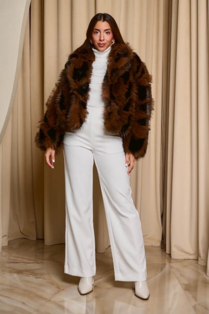 Γούνα κοντή καφέ με μαύρο πουά σχέδιο