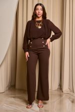 Ολόσωμη φόρμα με χρυσά διακοσμητικά κουμπιά και διαφάνεια καφέ - Image 2