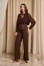 Ολόσωμη φόρμα με χρυσά διακοσμητικά κουμπιά και διαφάνεια καφέ - Image 3