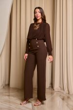 Ολόσωμη φόρμα με χρυσά διακοσμητικά κουμπιά και διαφάνεια καφέ - Image 4