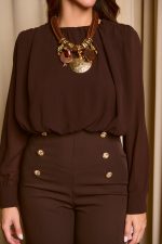 Ολόσωμη φόρμα με χρυσά διακοσμητικά κουμπιά και διαφάνεια καφέ - Image 7