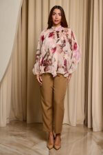 Μπλούζα see through με φιόγκο και floral print μπεζ