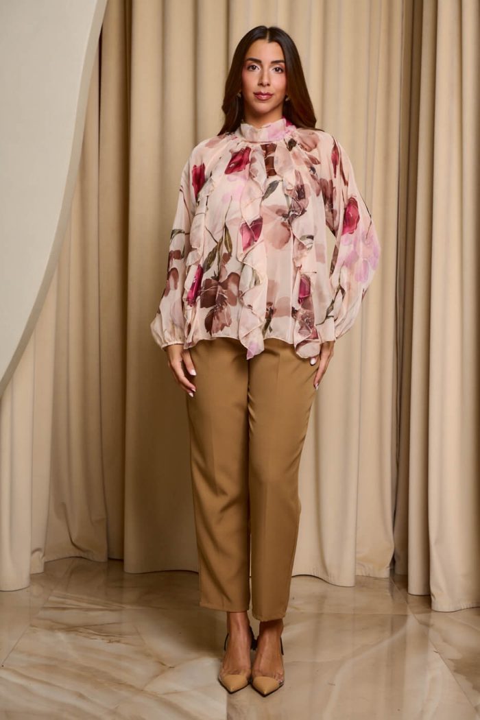 Μπλούζα see through με φιόγκο και floral print μπεζ
