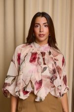Μπλούζα see through με φιόγκο και floral print μπεζ