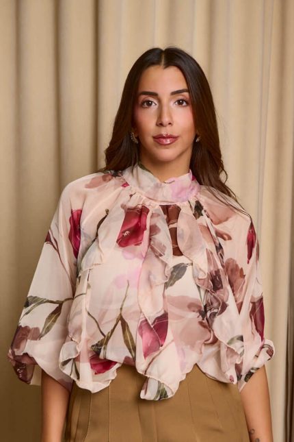 Μπλούζα see through με φιόγκο και floral print μπεζ