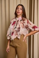 Μπλούζα see through με φιόγκο και floral print μπεζ