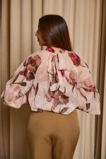 Μπλούζα see through με φιόγκο και floral print μπεζ