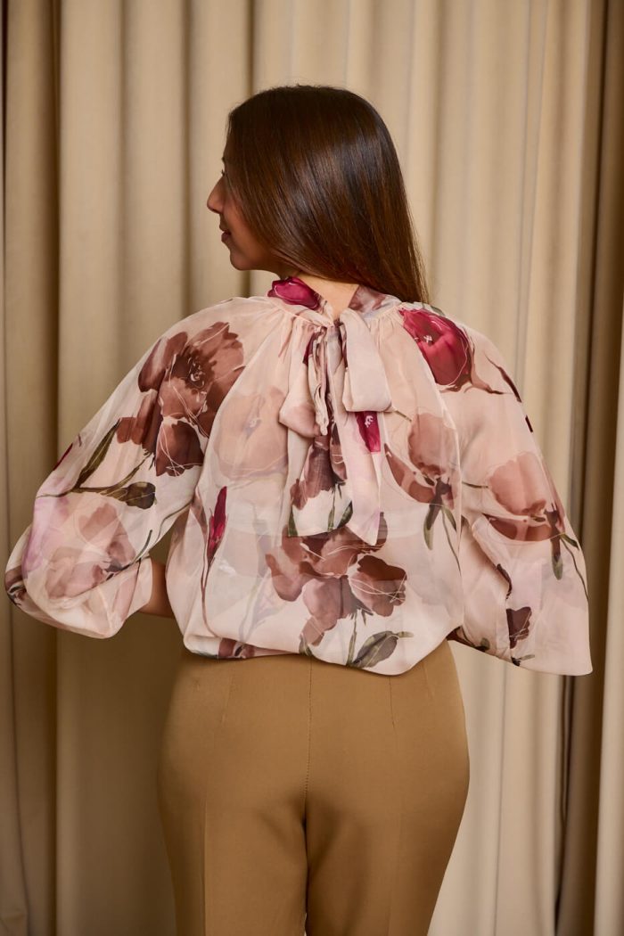 Μπλούζα see through με φιόγκο και floral print μπεζ