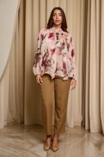 Μπλούζα see through με φιόγκο και floral print μπεζ