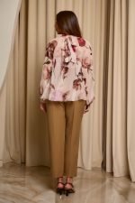 Μπλούζα see through με φιόγκο και floral print μπεζ