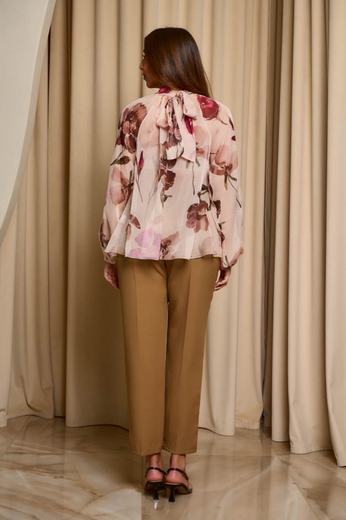 Μπλούζα see through με φιόγκο και floral print μπεζ