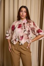 Μπλούζα see through με φιόγκο και floral print μπεζ