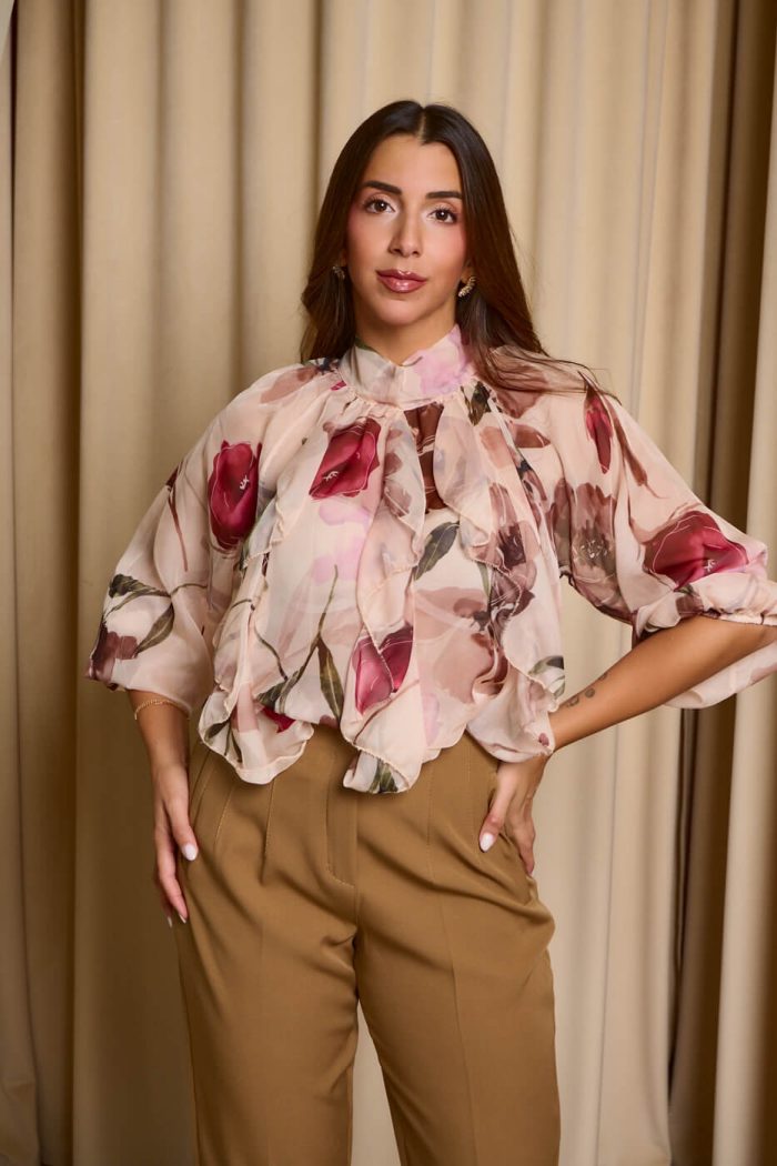 Μπλούζα see through με φιόγκο και floral print μπεζ