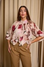 Μπλούζα see through με φιόγκο και floral print μπεζ