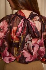 Μπλούζα see through με φιόγκο και floral print μαύρο