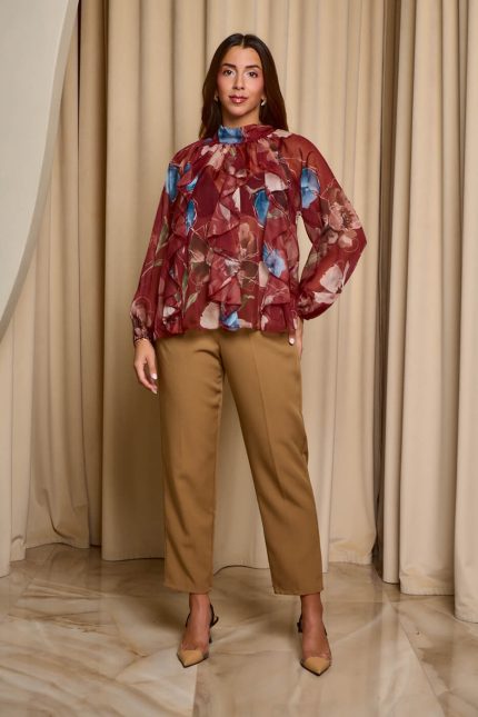 Μπλούζα see through με φιόγκο και floral print μπορντό