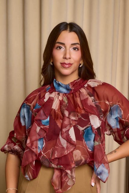 Μπλούζα see through με φιόγκο και floral print μπορντό