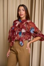 Μπλούζα see through με φιόγκο και floral print μπορντό