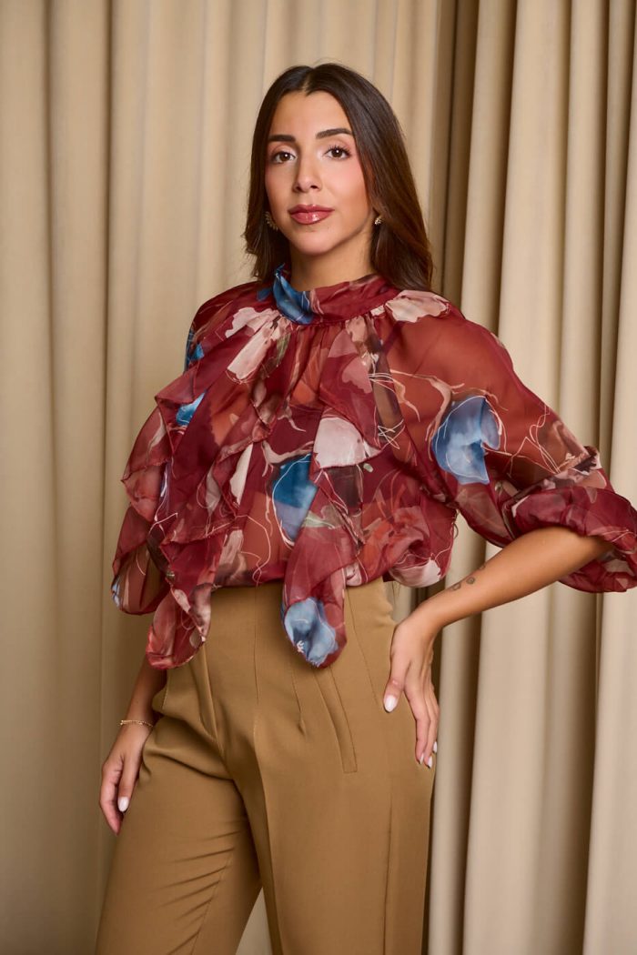 Μπλούζα see through με φιόγκο και floral print μπορντό