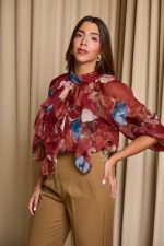 Μπλούζα see through με φιόγκο και floral print μπορντό