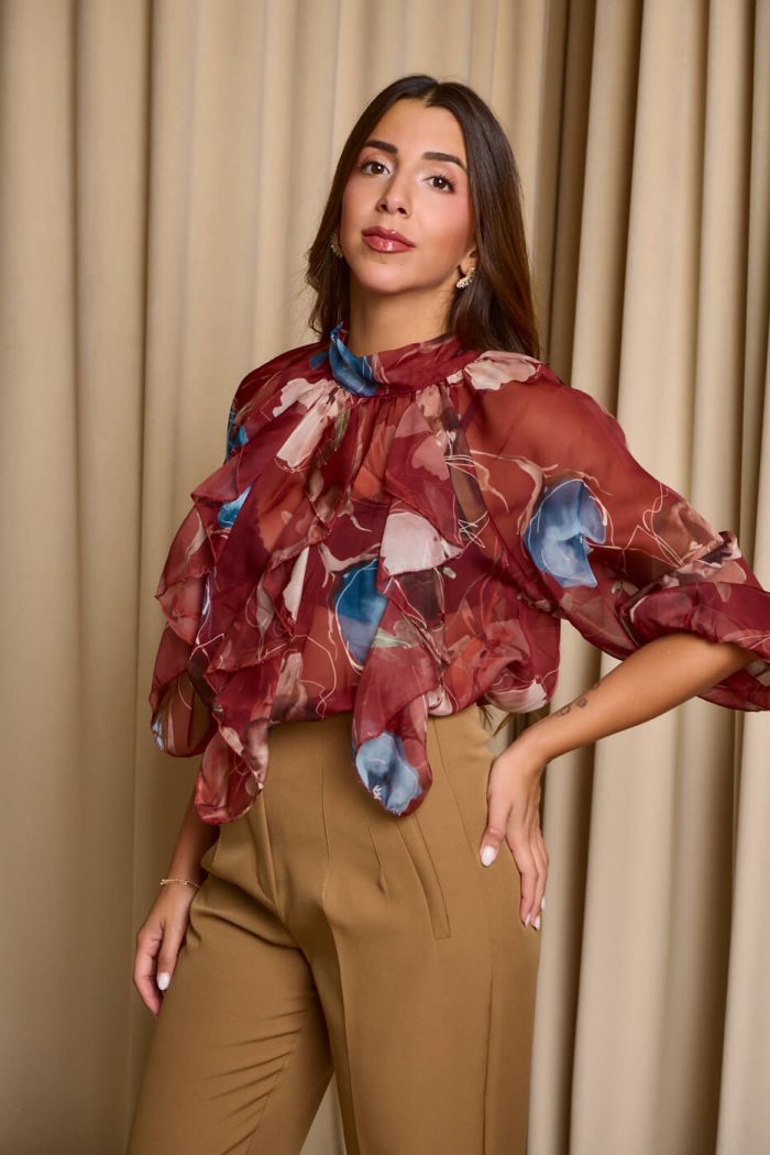 Μπλούζα see through με φιόγκο και floral print μπορντό