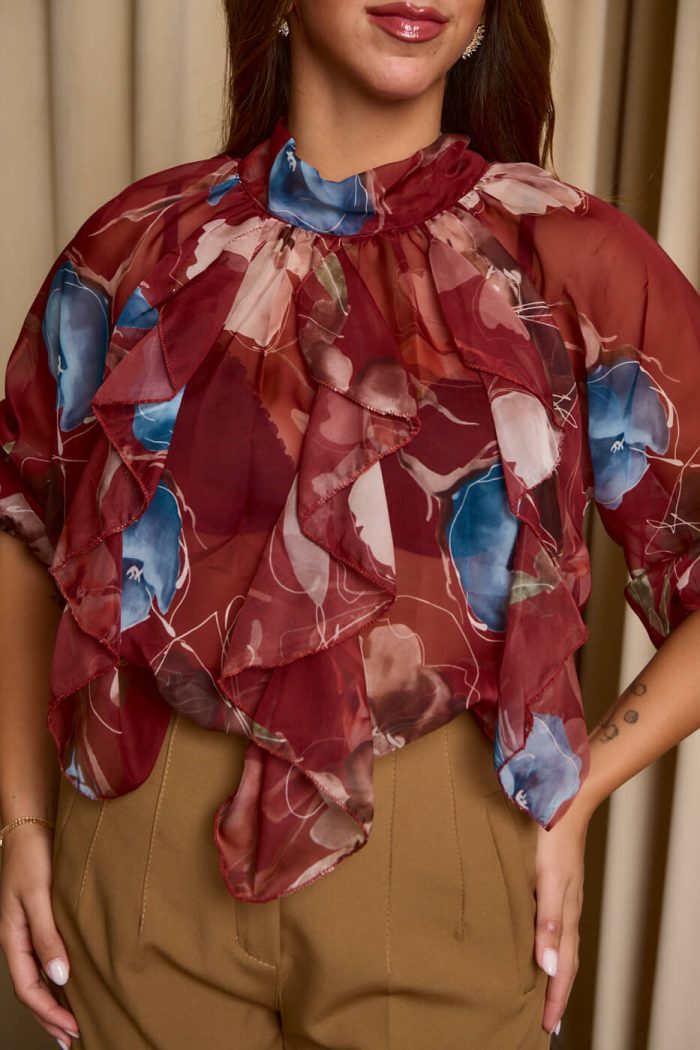 Μπλούζα see through με φιόγκο και floral print μπορντό