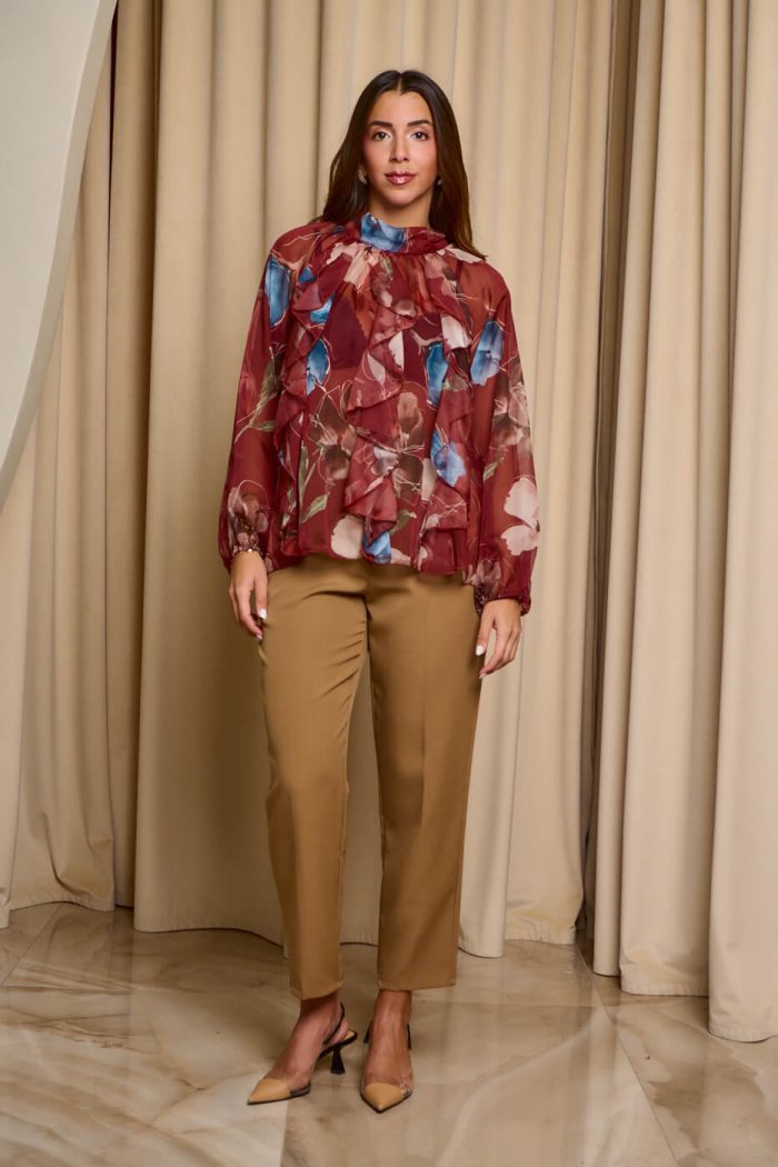 Μπλούζα see through με φιόγκο και floral print μπορντό