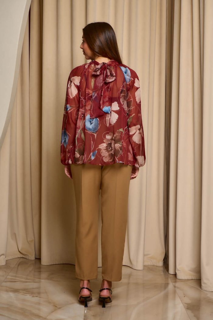 Μπλούζα see through με φιόγκο και floral print μπορντό
