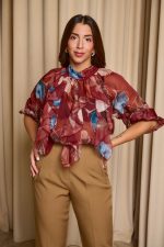 Μπλούζα see through με φιόγκο και floral print μπορντό
