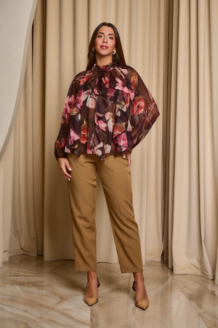 Μπλούζα see through με φιόγκο και floral print μαύρο