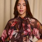 Μπλούζα see through με φιόγκο και floral print μαύρο