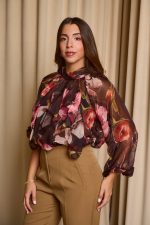 Μπλούζα see through με φιόγκο και floral print μαύρο