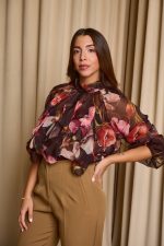 Μπλούζα see through με φιόγκο και floral print μαύρο