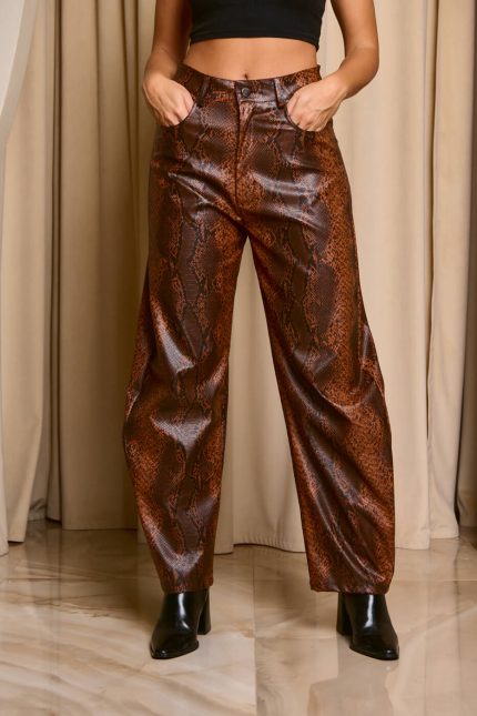 Παντελόνι με snake print και λουστρέ υφή καφέ