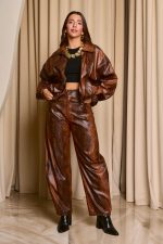 Τζάκετ με snake print και λουστρέ υφή καφέ
