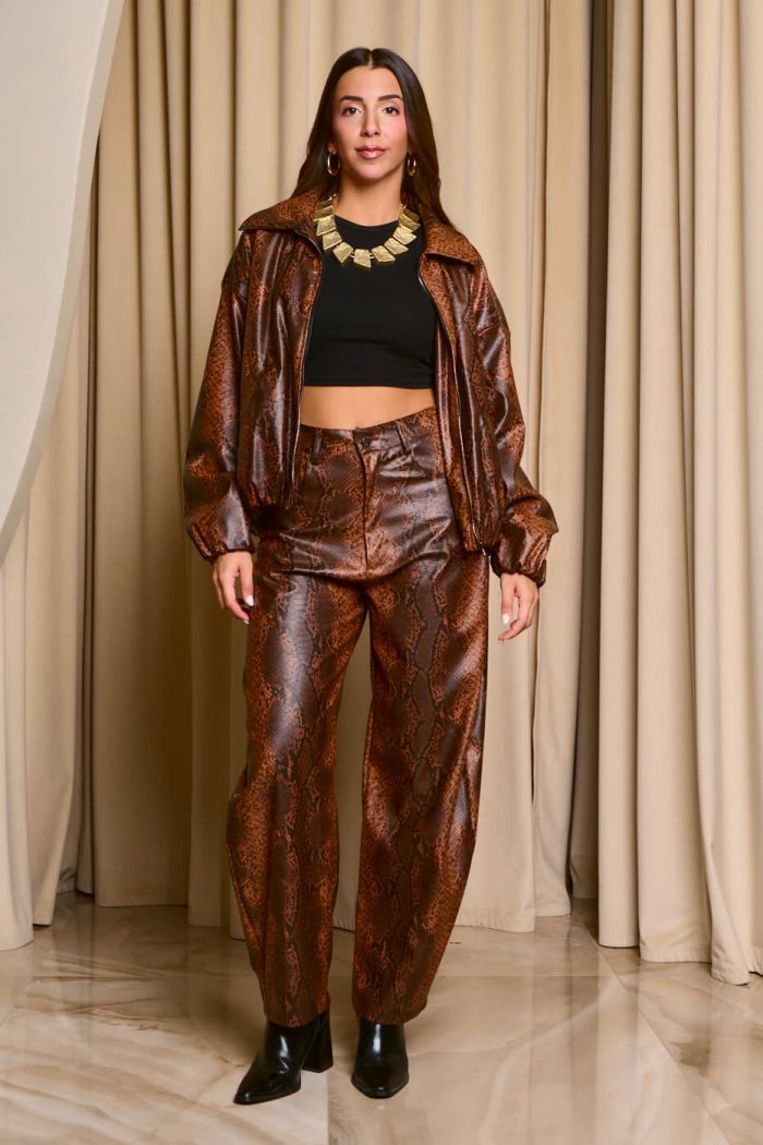 Τζάκετ με snake print και λουστρέ υφή καφέ