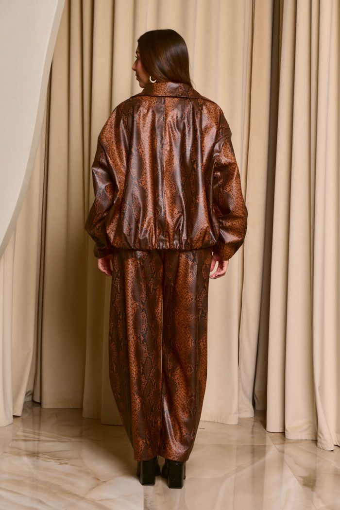 Τζάκετ με snake print και λουστρέ υφή καφέ
