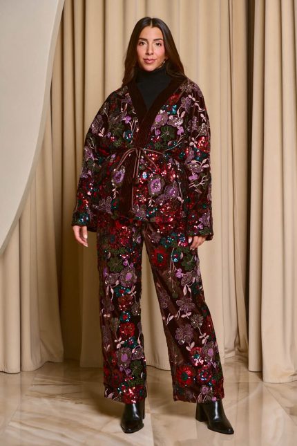 Σετ φόρμα ζακέτα - παντελόνι με floral σχέδιο και παγιέτες καφέ