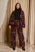 Σετ φόρμα ζακέτα - παντελόνι με floral σχέδιο και παγιέτες καφέ