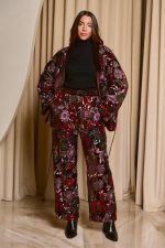 Σετ φόρμα ζακέτα - παντελόνι με floral σχέδιο και παγιέτες καφέ